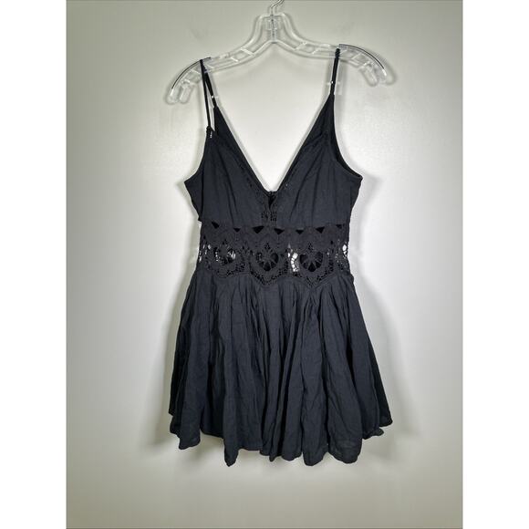 By Anthropologie Crochet Lace Mini Dress XS Black Whimsigoth Flowy V Neck - Picture 1 of 8